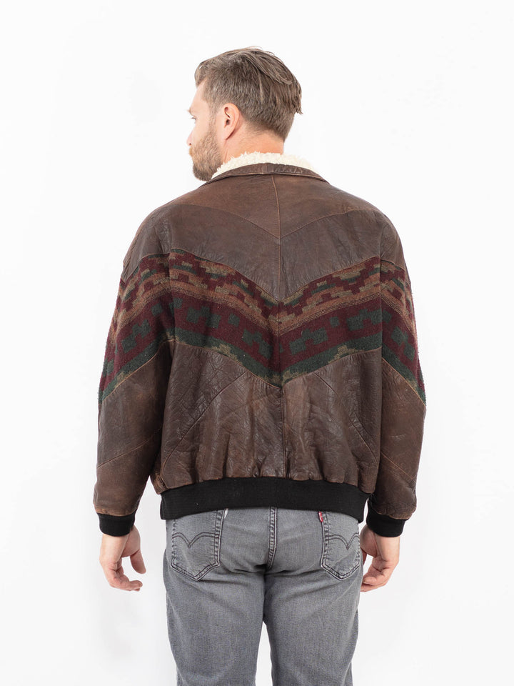 Vintage 90's Men Aztec Leather Bomber Jacket in Brown
