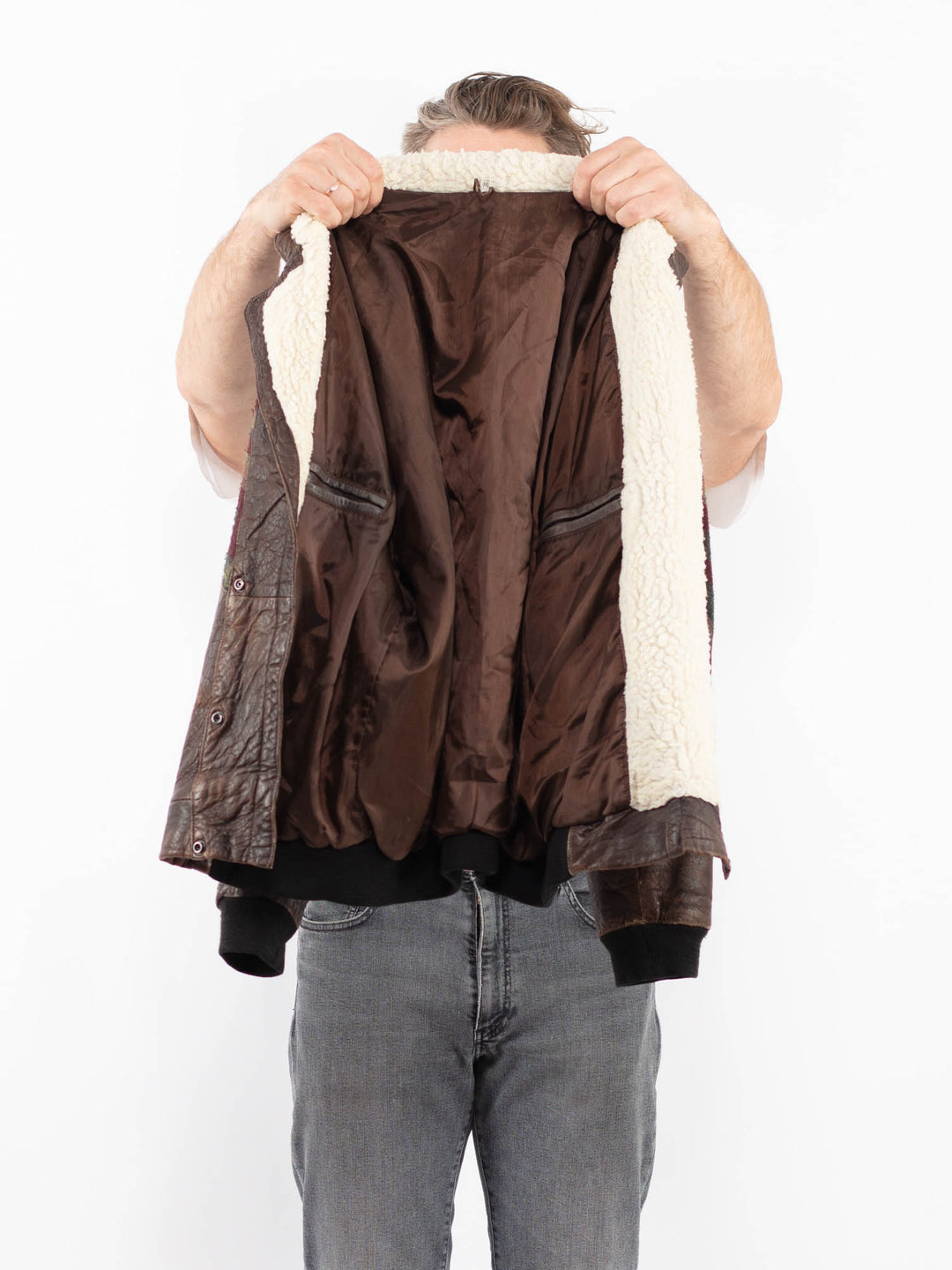Vintage 90's Men Aztec Leather Bomber Jacket in Brown