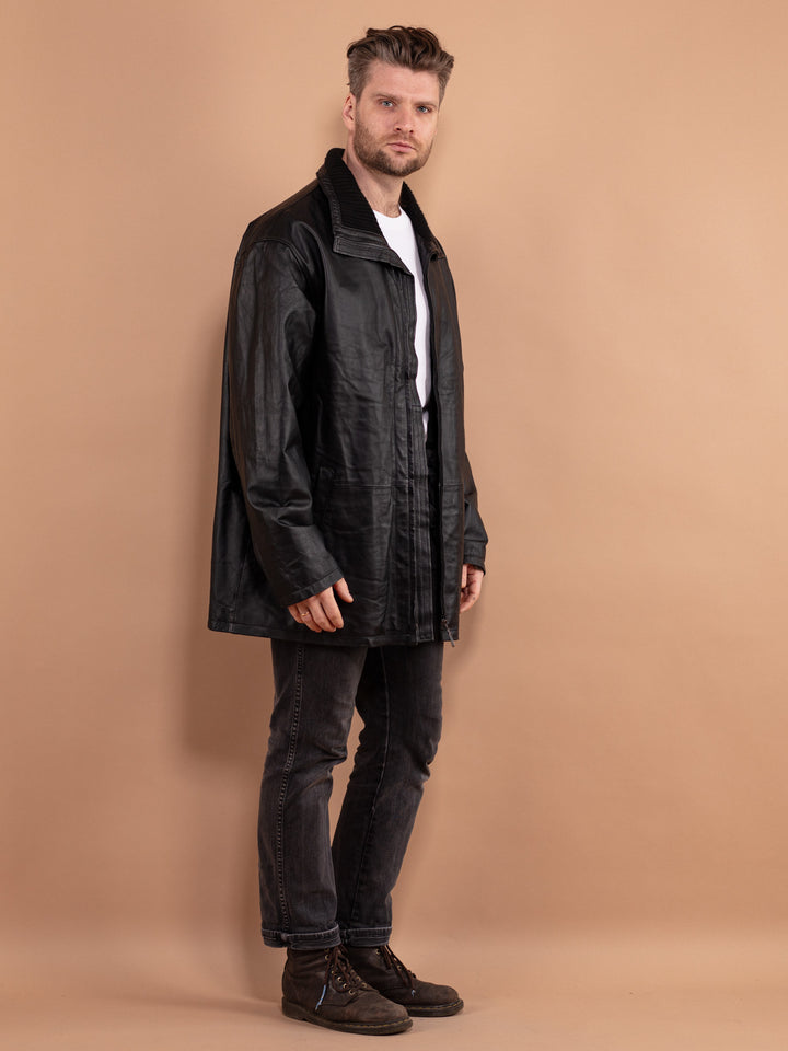 Black Leather Coat 90s, Size Large XL, Vintage Mens Clothing, 00s Leather Jacket, Classic Jacket, Spring Clothing, Minimalist Coat