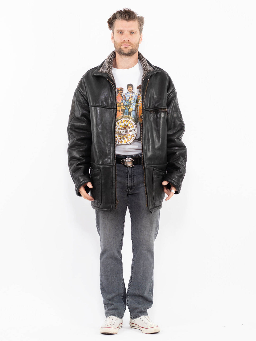 Vintage 90's Men Leather Coat in BlackZ1934
