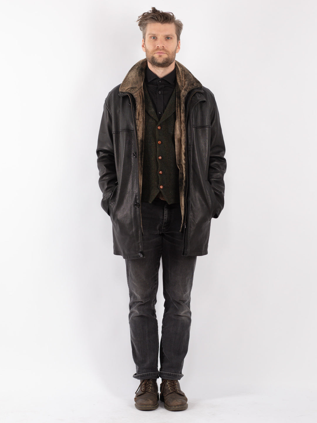 Vintage 90's Men Leather Coat in Black