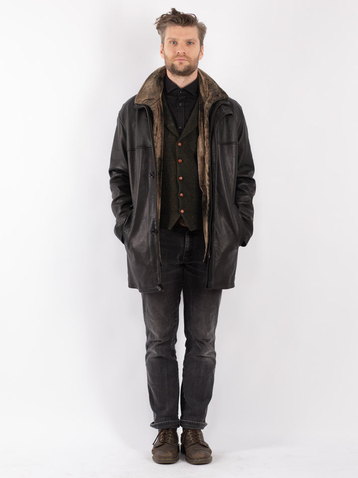 Vintage 90's Men Leather Coat in Black