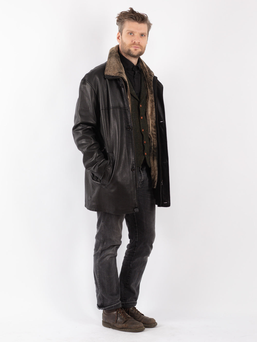 Vintage 90's Men Leather Coat in Black
