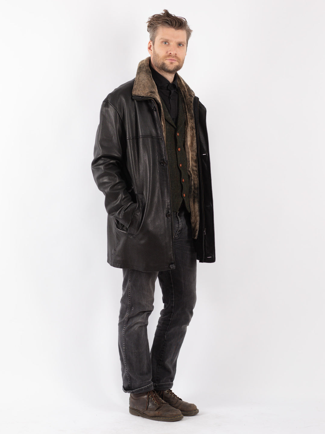 Vintage 90's Men Leather Coat in Black