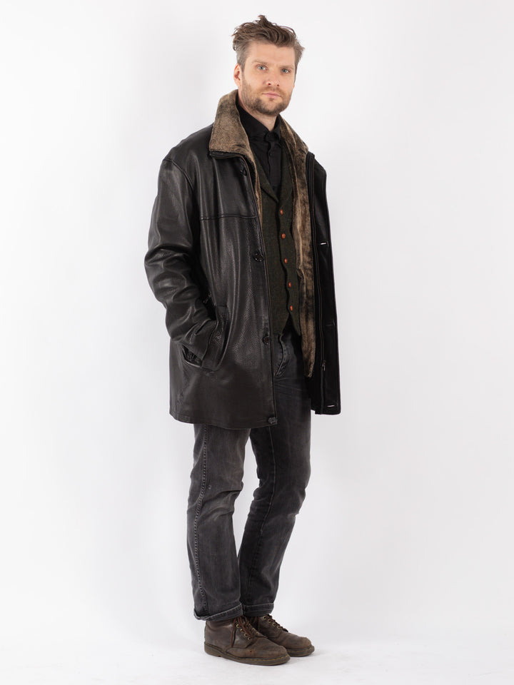 Vintage 90's Men Leather Coat in Black