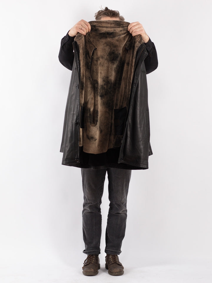 Vintage 90's Men Leather Coat in Black