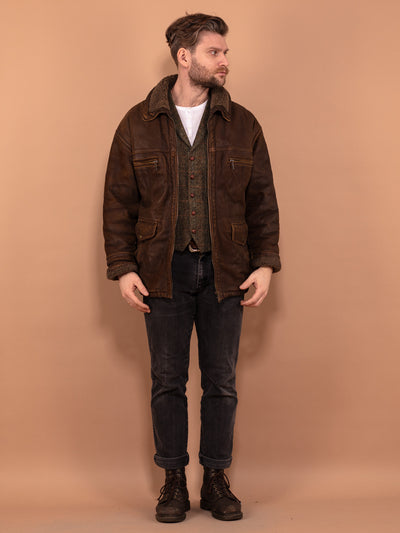 Brown Leather Sherpa Jacket 90's, Size Large, Zip Up Short Coat, Men Spring Outerwear, Faux Sheepskin Bomber Jacket, Vintage Men Clothing