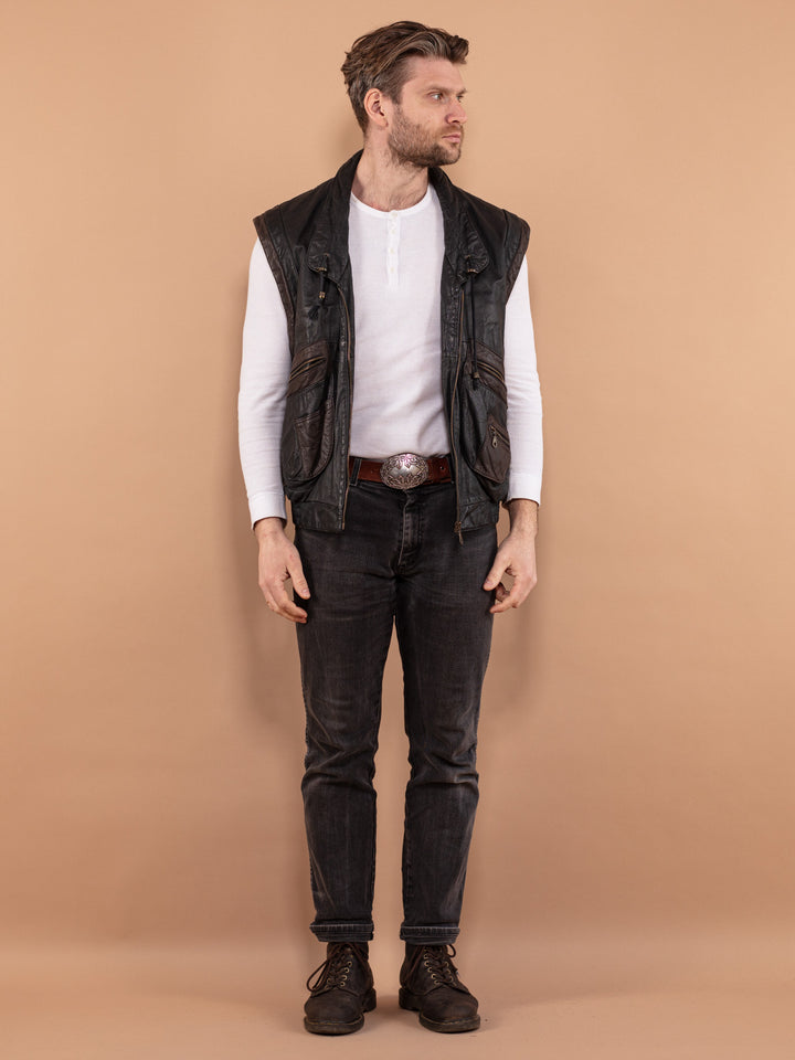 Vintage 90's Men Leather Vest in Black
