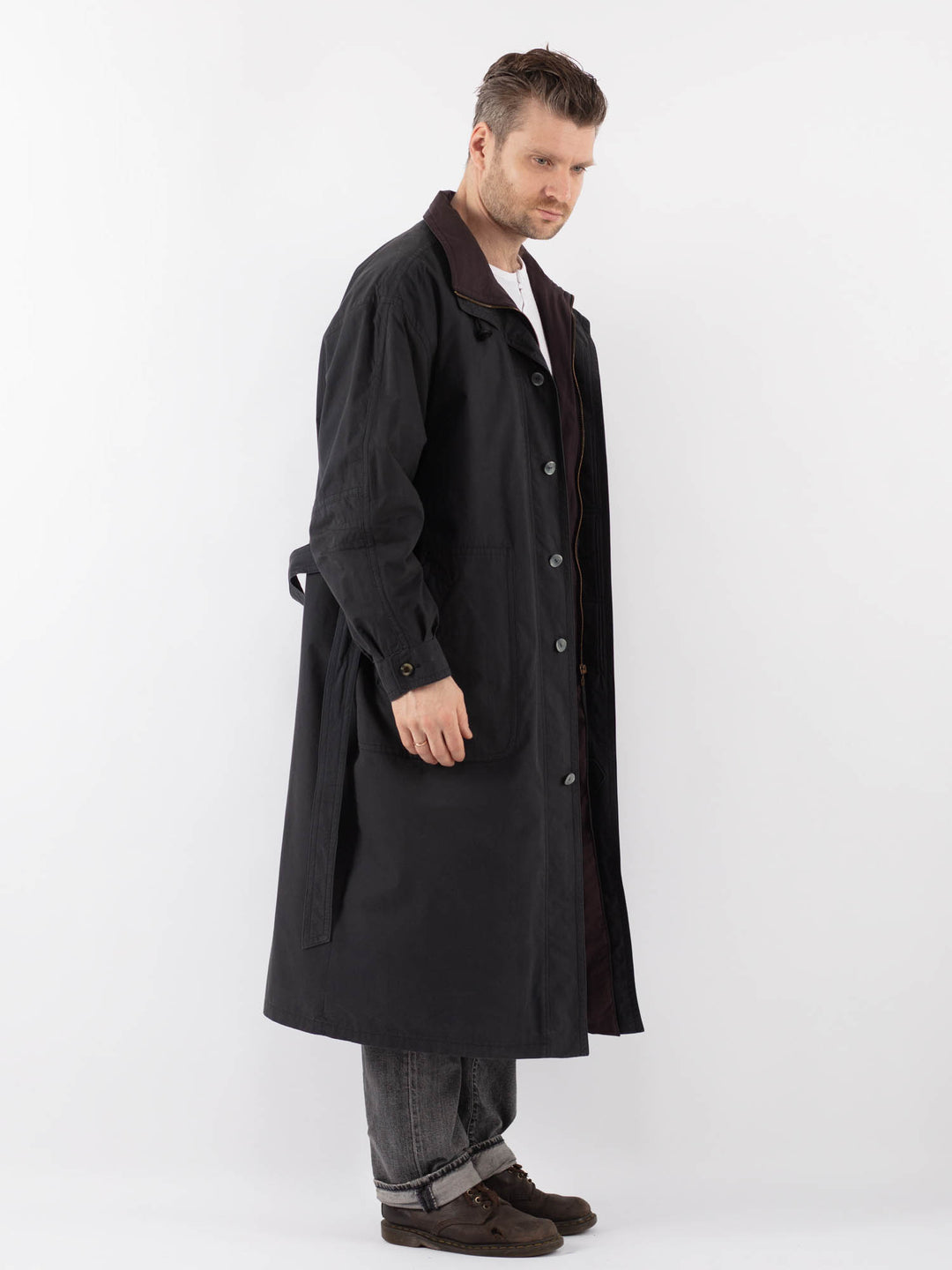 Vintage 90's Men Belted Mac Coat in Blue