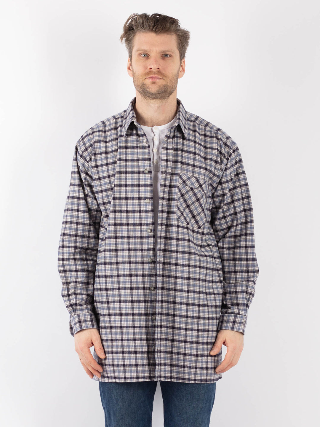 Vintage 90's Men Plaid Flannel Shirt in BlueZ1155