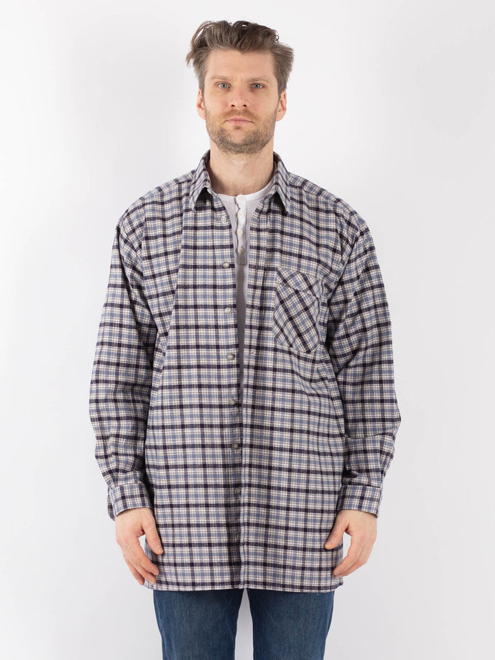 Vintage 90's Men Plaid Flannel Shirt in BlueZ1155