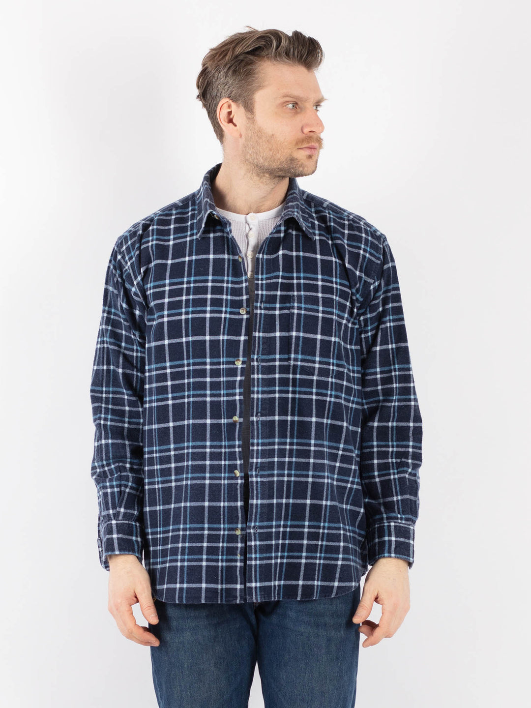 Vintage 90's Men Plaid Flannel Shirt in BlueZ1159