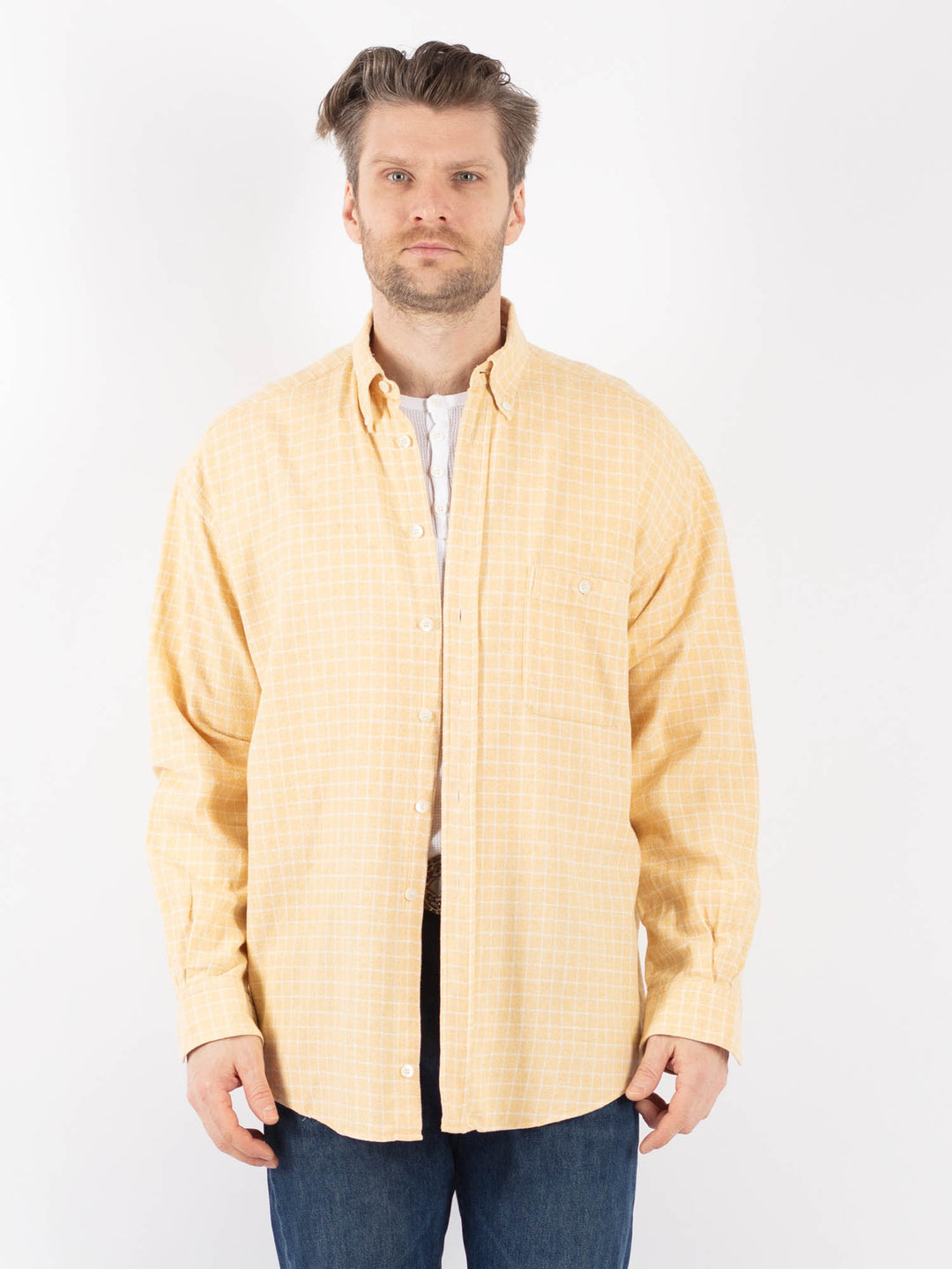 Vintage 90's Men Plaid Flannel Shirt in BeigeZ1162