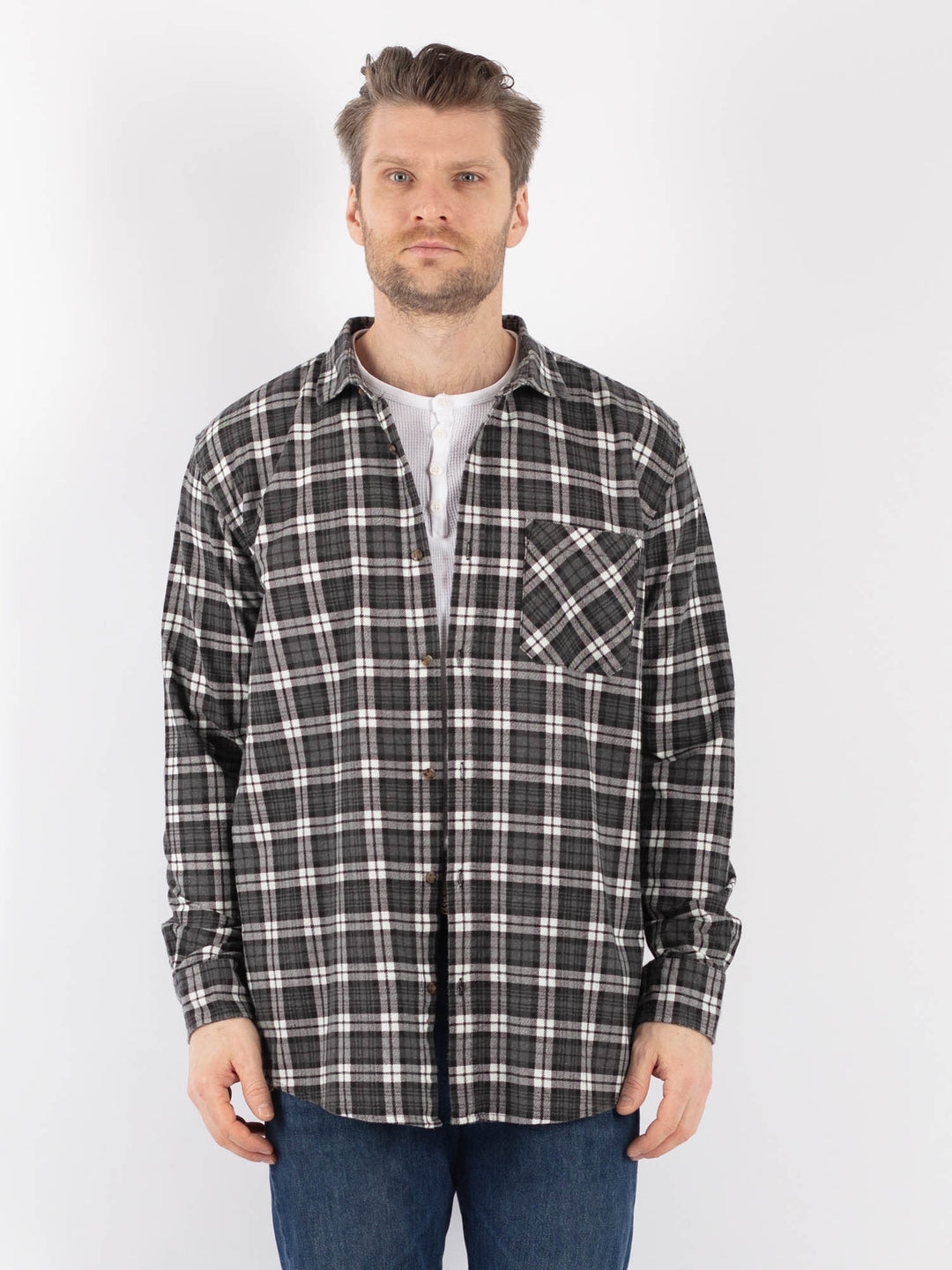 Vintage 90's Men Plaid Flannel Shirt in GrayZ1163