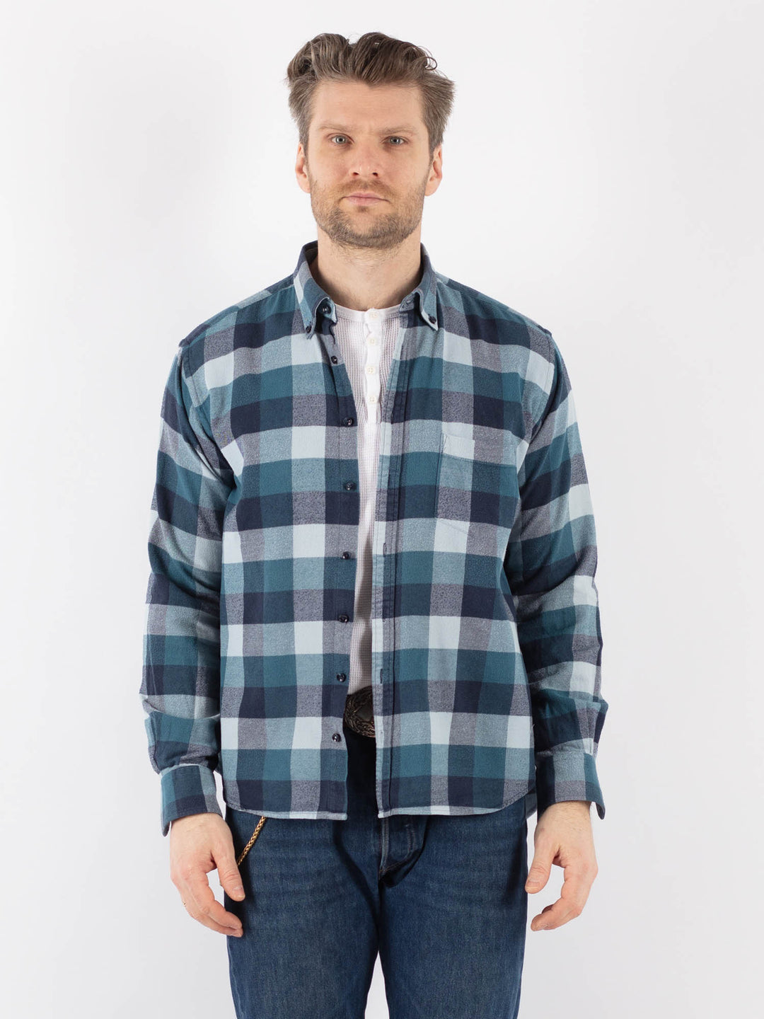 Vintage 90's Men Plaid Flannel Shirt in BlueZ1167