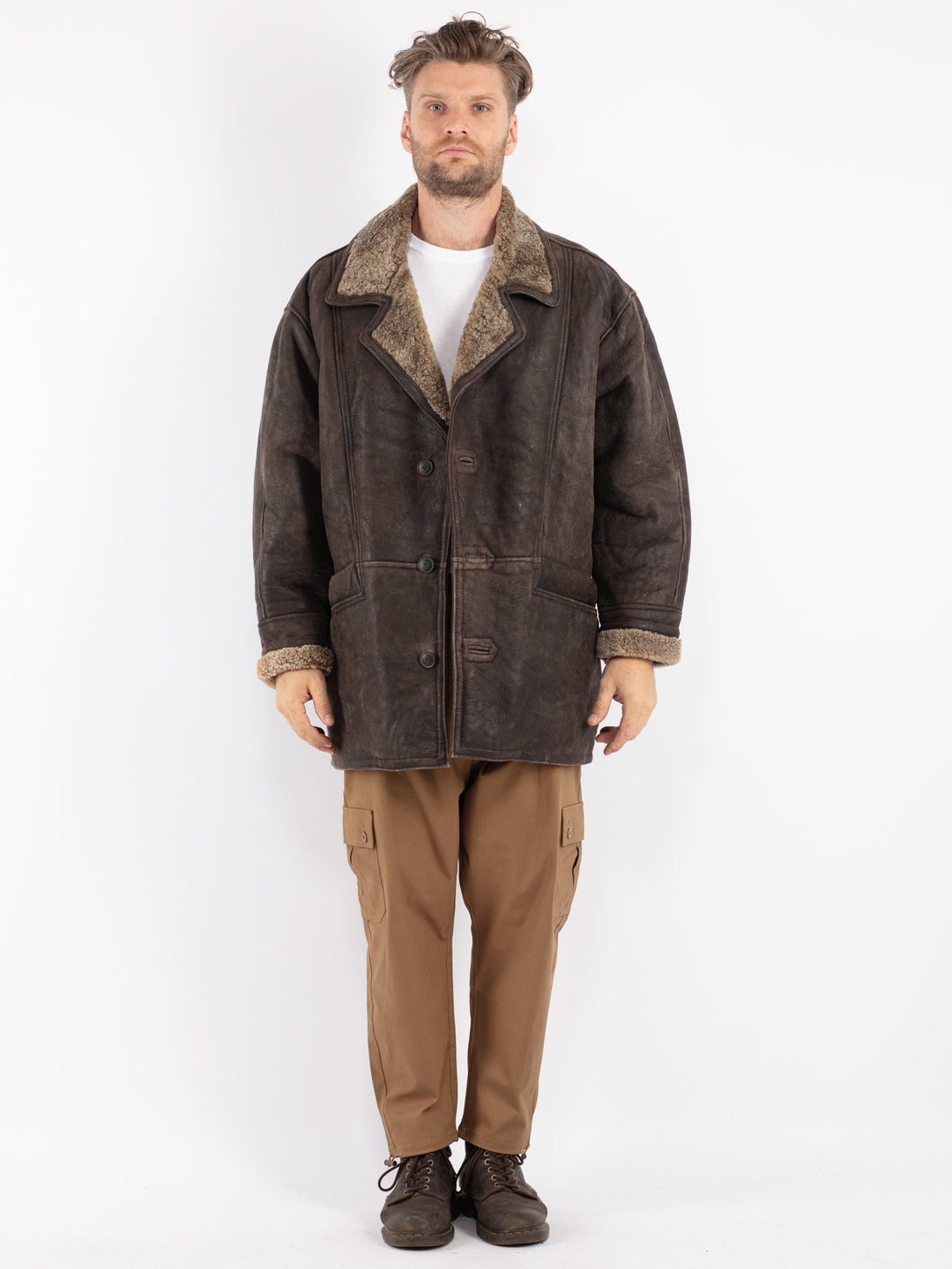 Vintage 90's Men Shearling Coat in Brown