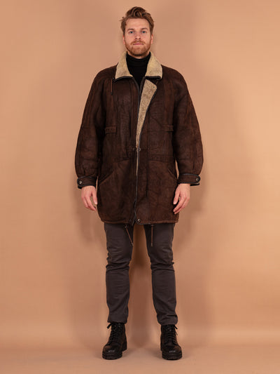 Sheepskin Leather Coat 90s, Size XL, Men Leather Overcoat, Vintage Brown Shearling Coat, Oversized Winter Coat, Classic 90s Second Hand Coat