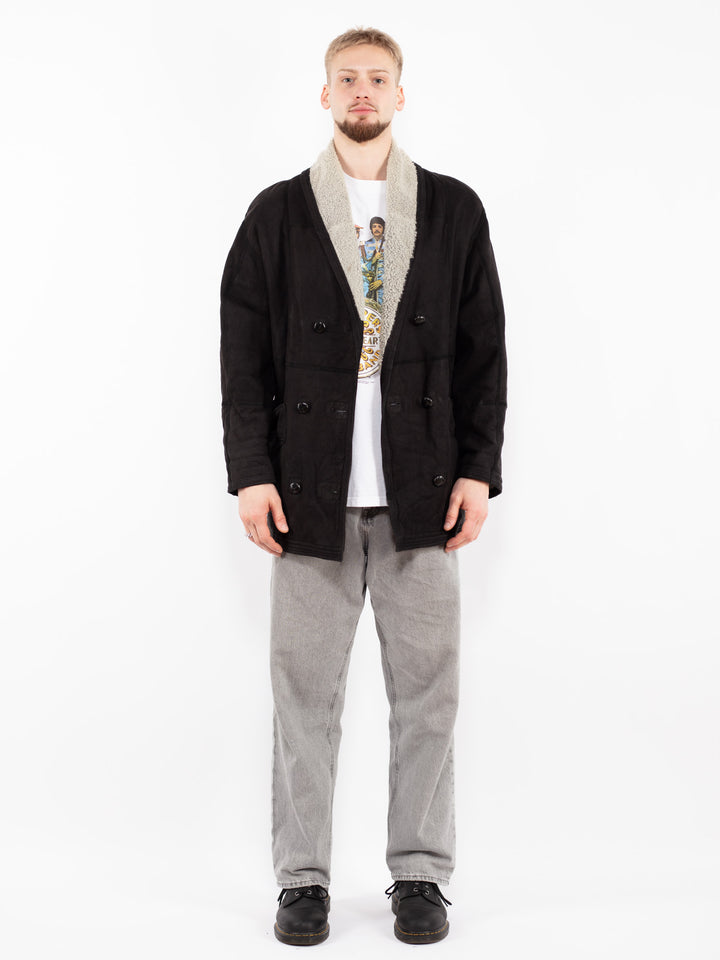 Vintage 90's Men Sheepskin Coat in Black