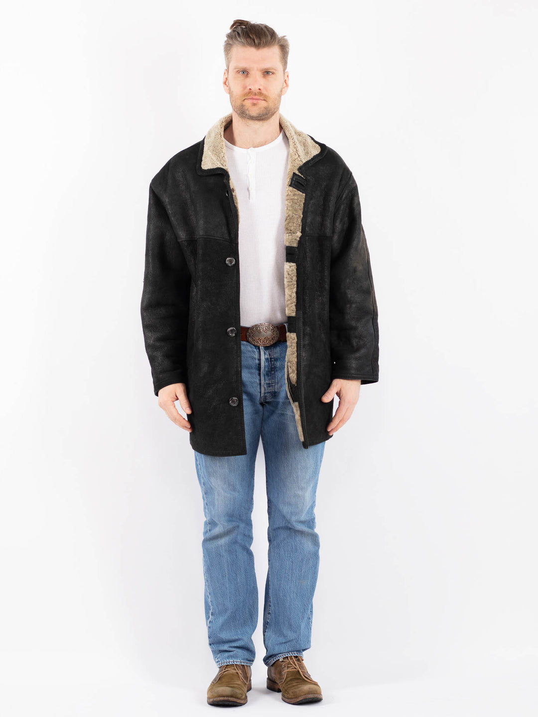 Vintage 90's Men Sheepskin Coat in BlackZ1399
