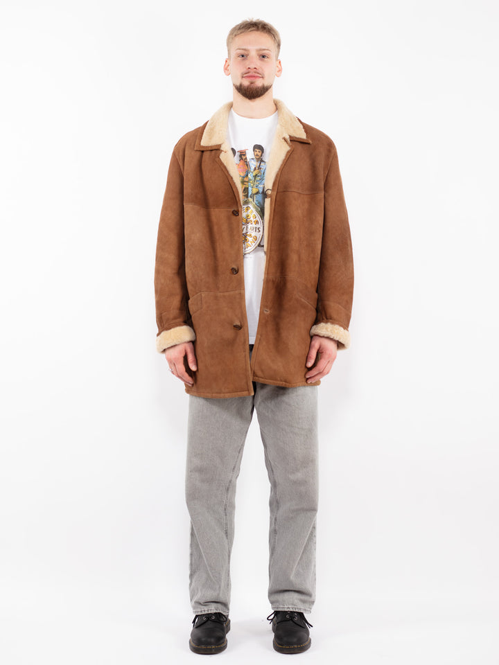 Vintage 90's Men Sheepskin Shearling Coat in Brown