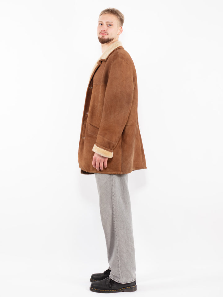 Vintage 90's Men Sheepskin Shearling Coat in Brown