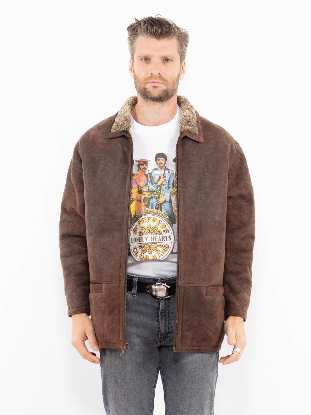 Vintage 90's Men Sheepskin Shearling Coat in BrownZ1914