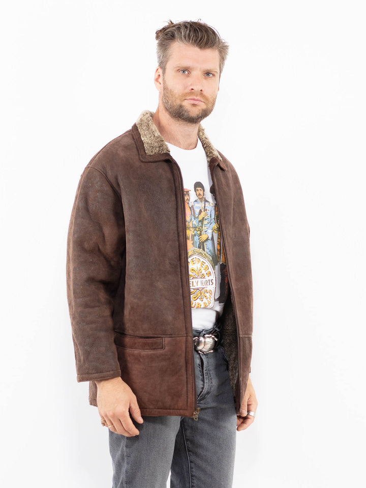 Vintage 90's Men Sheepskin Shearling Coat in BrownZ1914