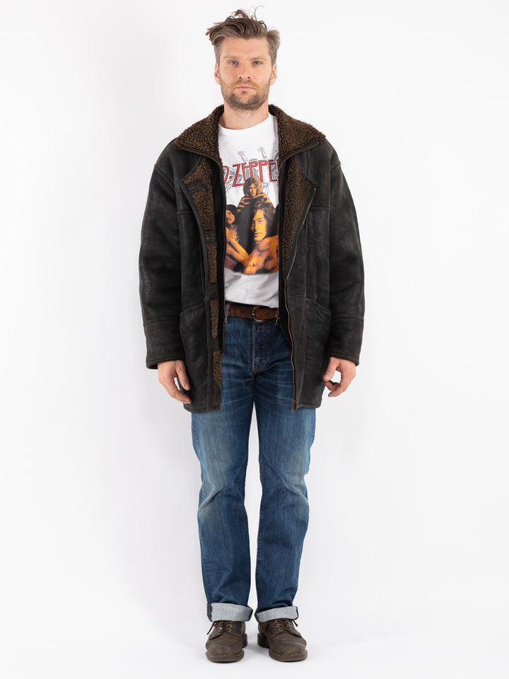 Vintage Men Sheepskin Coat in Black