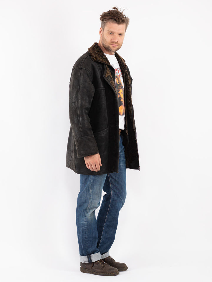 Vintage Men Sheepskin Coat in Black
