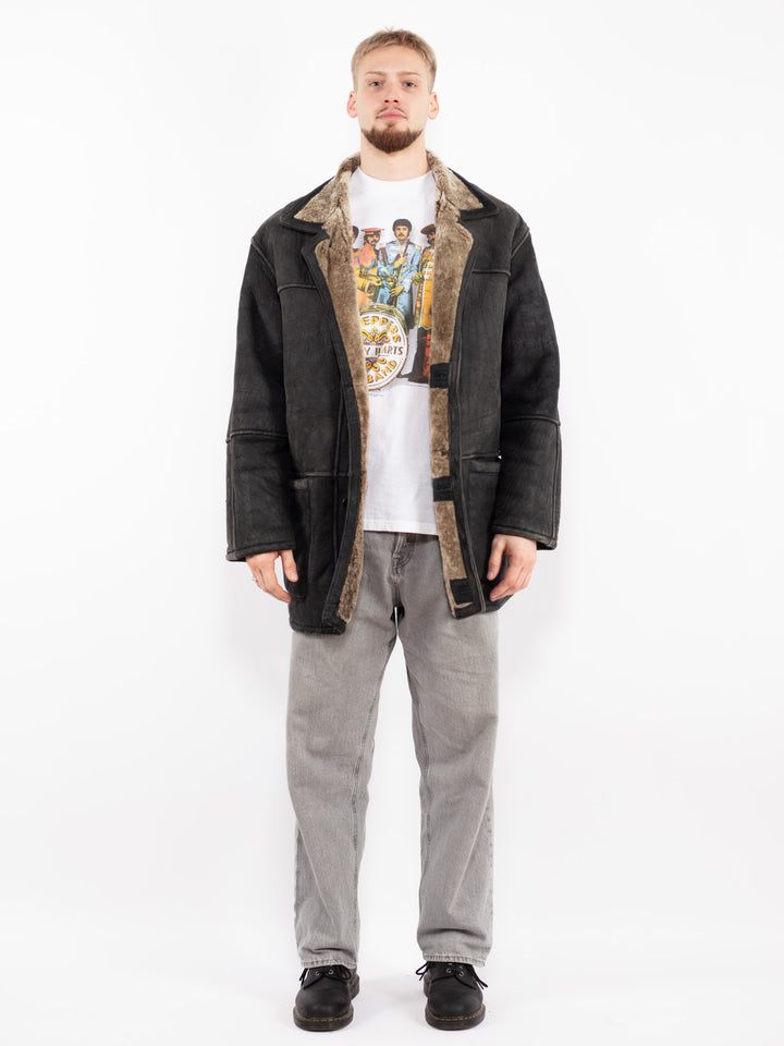 Vintage 90's Men Sheepskin Coat in Black