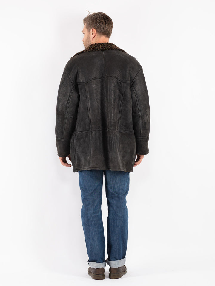 Vintage Men Sheepskin Coat in Black