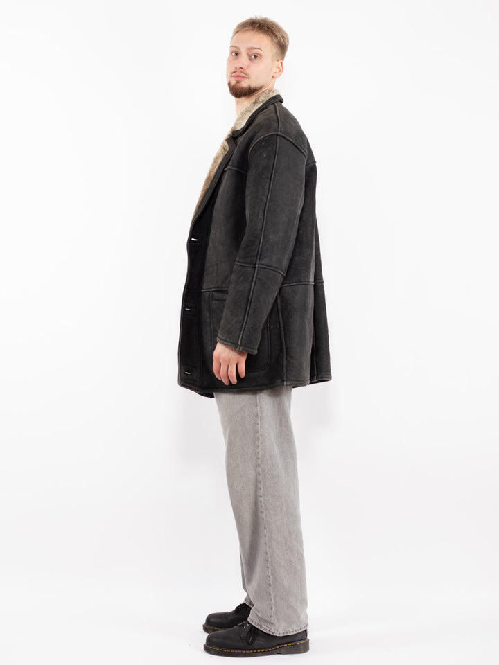 Vintage 90's Men Sheepskin Coat in Black