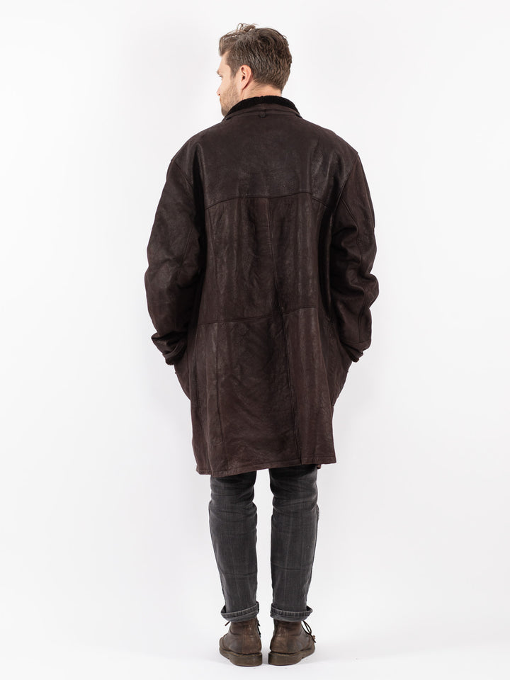 Vintage 90's Men Oversized Sheepskin Coat in Brown