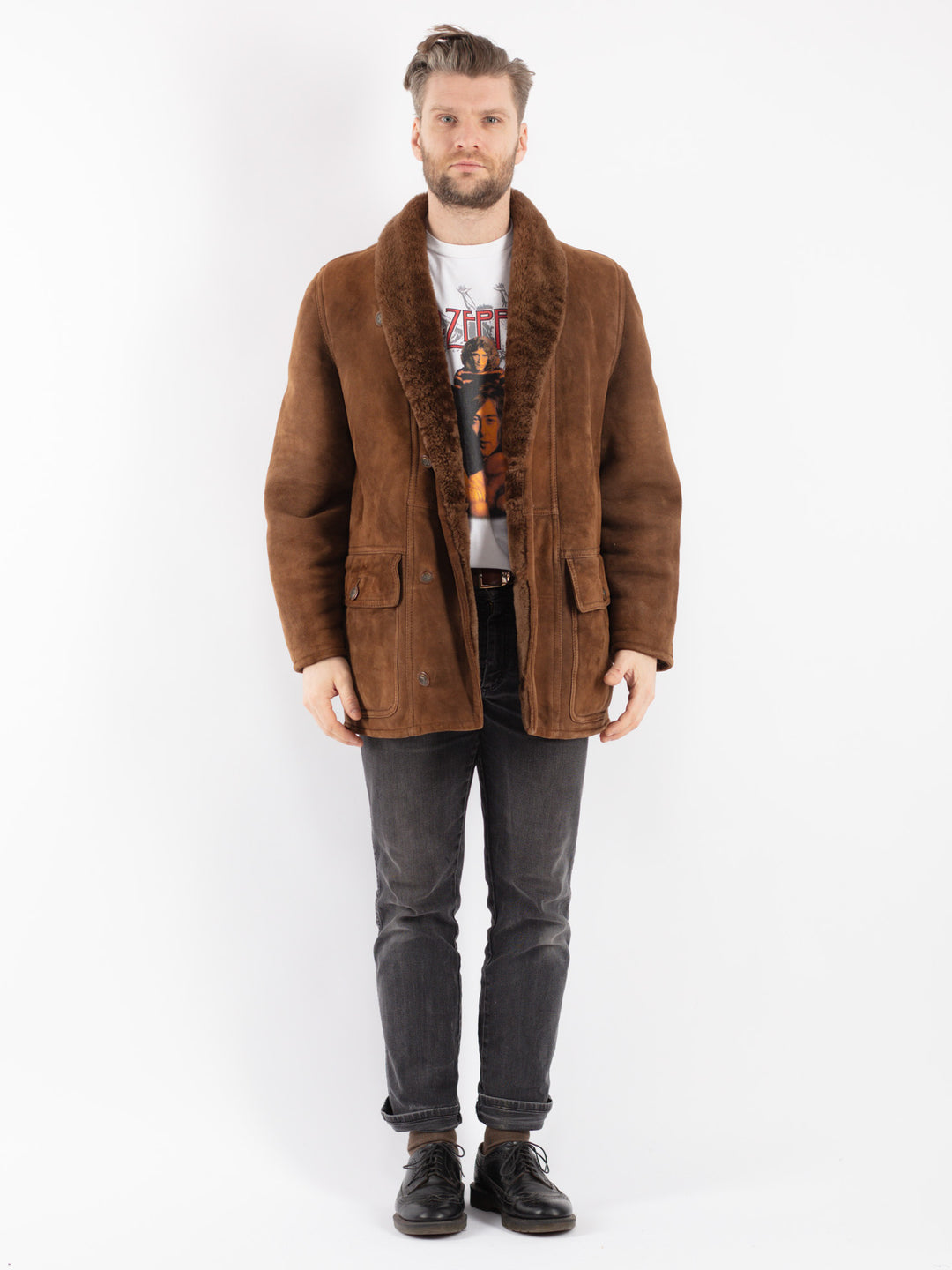 Vintage 90's Men Sheepskin Shearling Coat in Brown