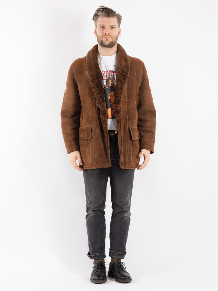 Vintage 90's Men Sheepskin Shearling Coat in Brown