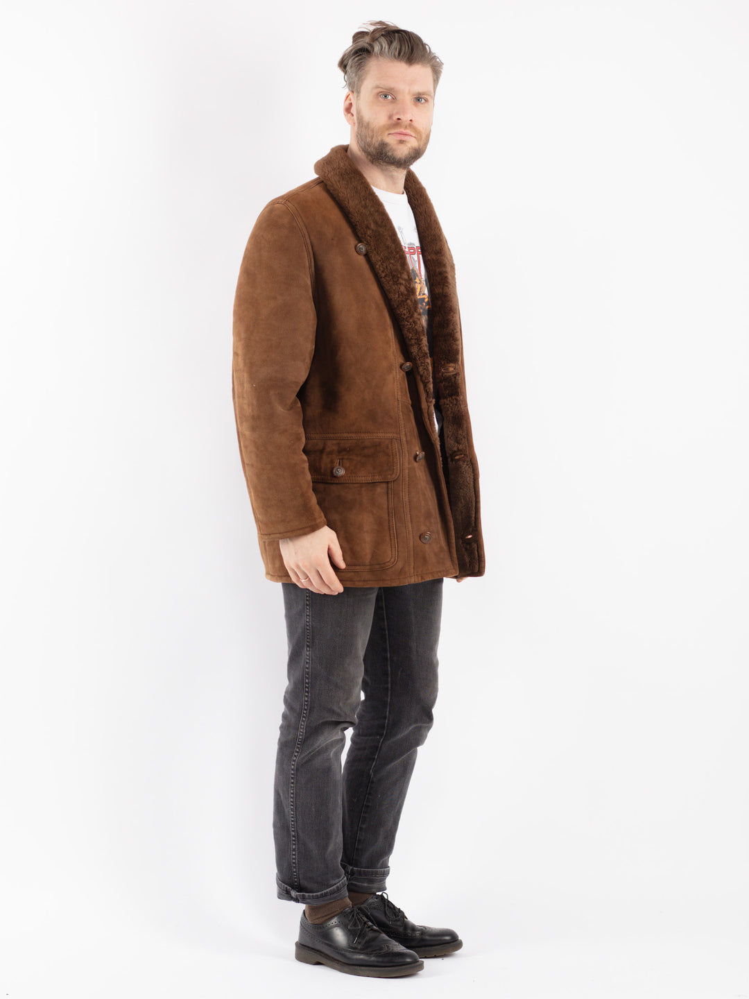 Vintage 90's Men Sheepskin Shearling Coat in Brown