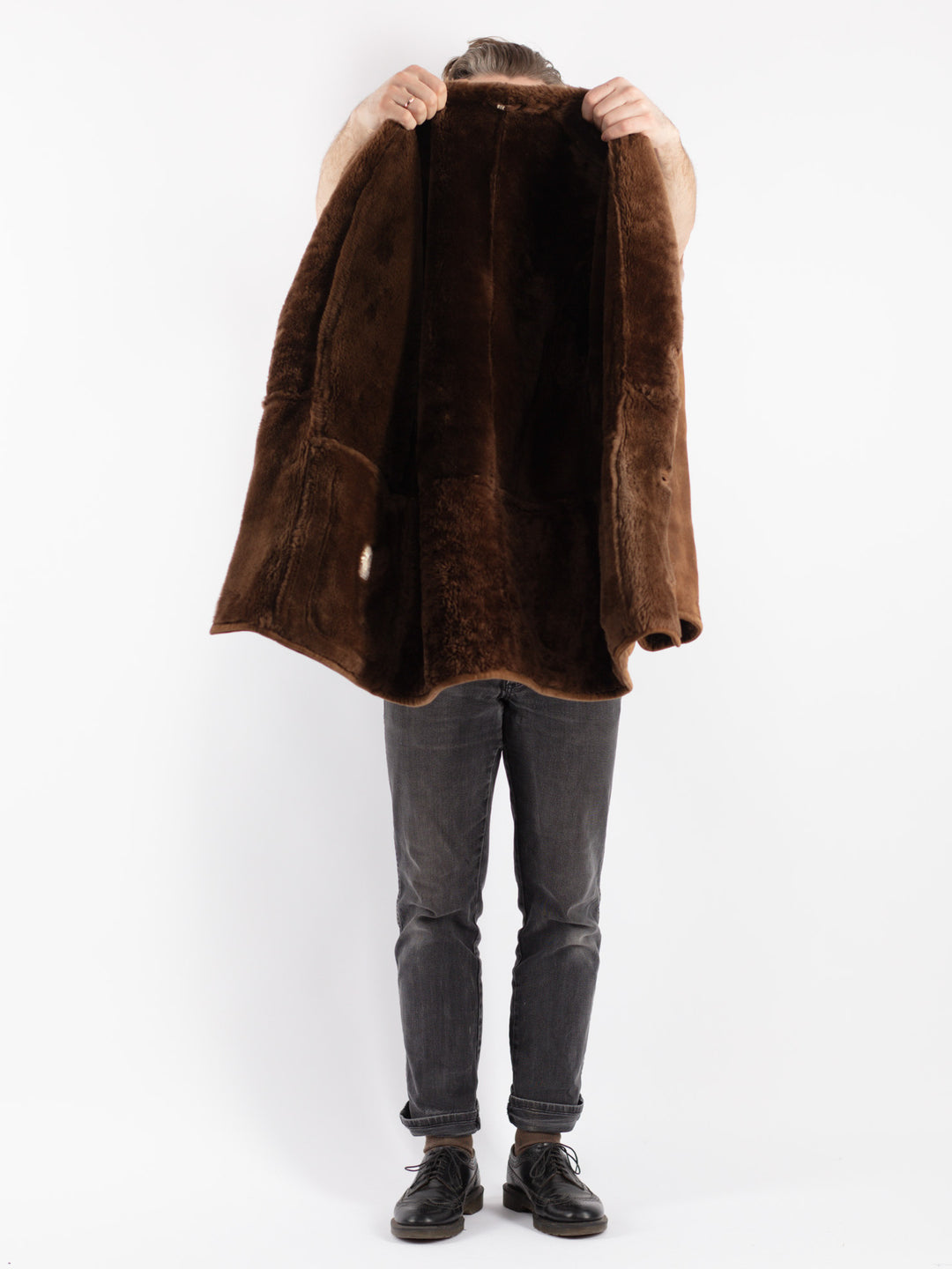 Vintage 90's Men Sheepskin Shearling Coat in Brown
