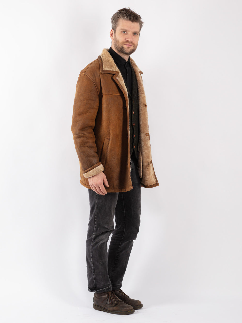 Vintage 90's Men Sheepskin Shearling Coat in Brown