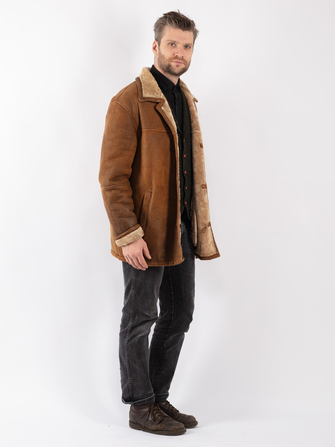 Vintage 90's Men Sheepskin Shearling Coat in Brown
