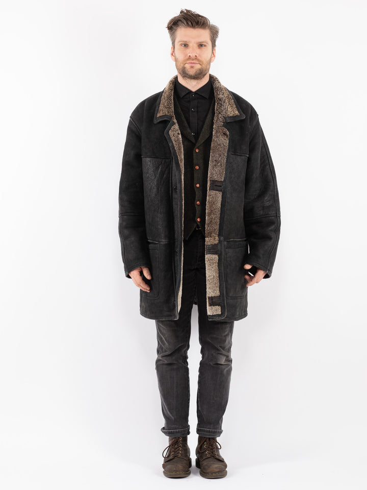 Vintage 90's Men Sheepskin Coat in Black