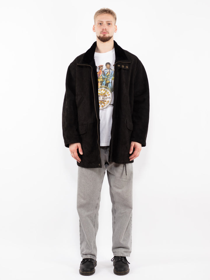 Vintage 90's Men Sheepskin Coat in Black