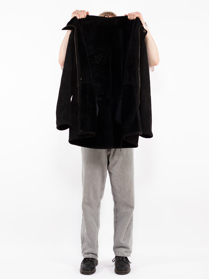 Vintage 90's Men Sheepskin Coat in Black