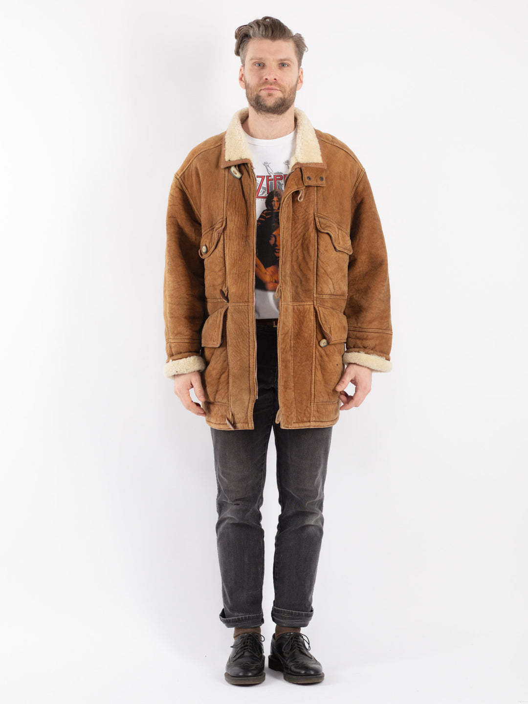 Vintage 90's Men Sheepskin Coat in Brown