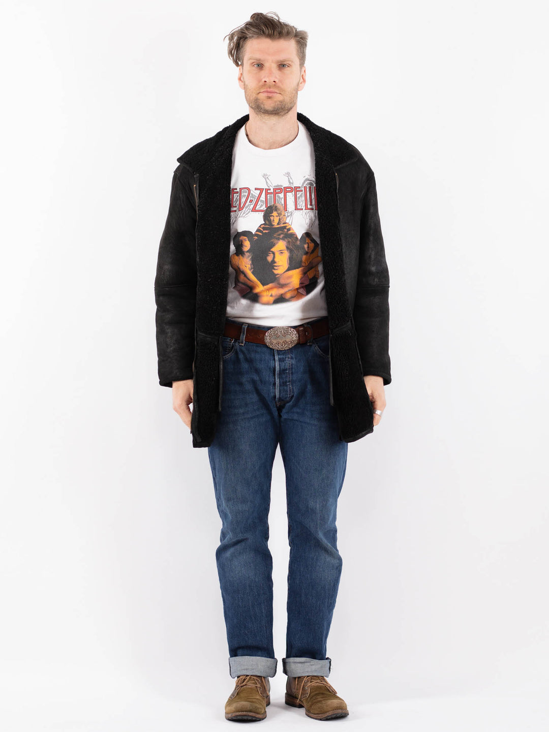 Vintage 90's Men Sheepskin Coat in BlackZ1515