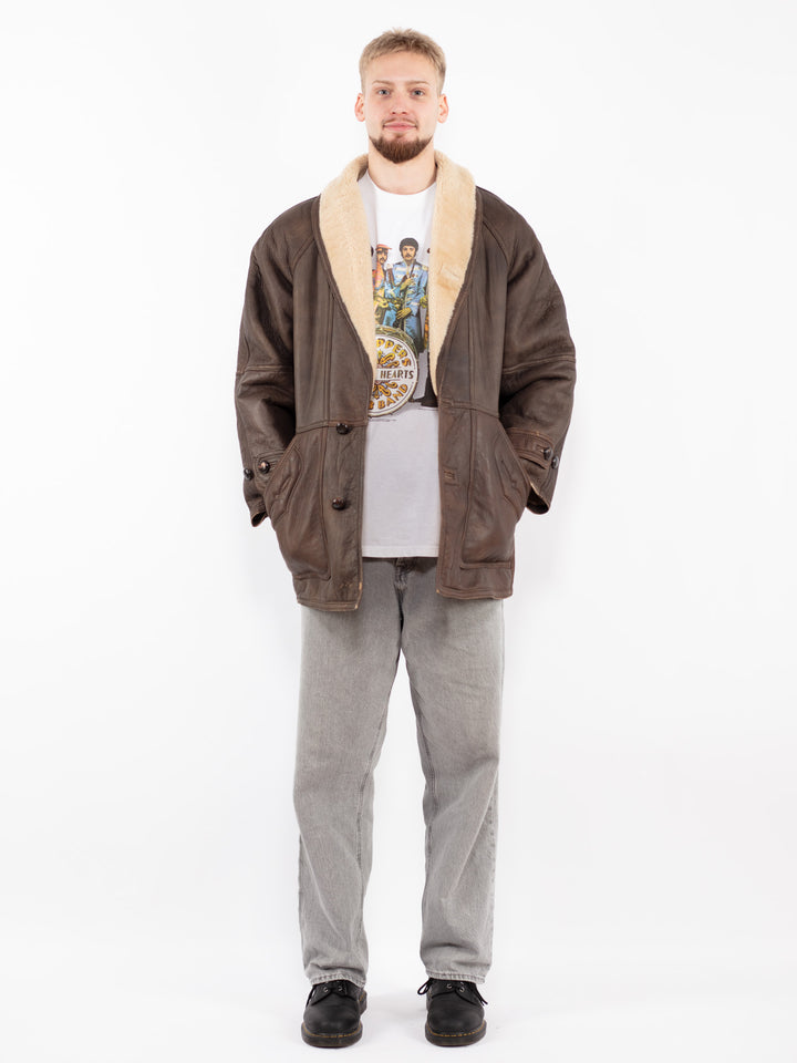 Vintage 90's Men Sheepskin Shearling Coat in Brown