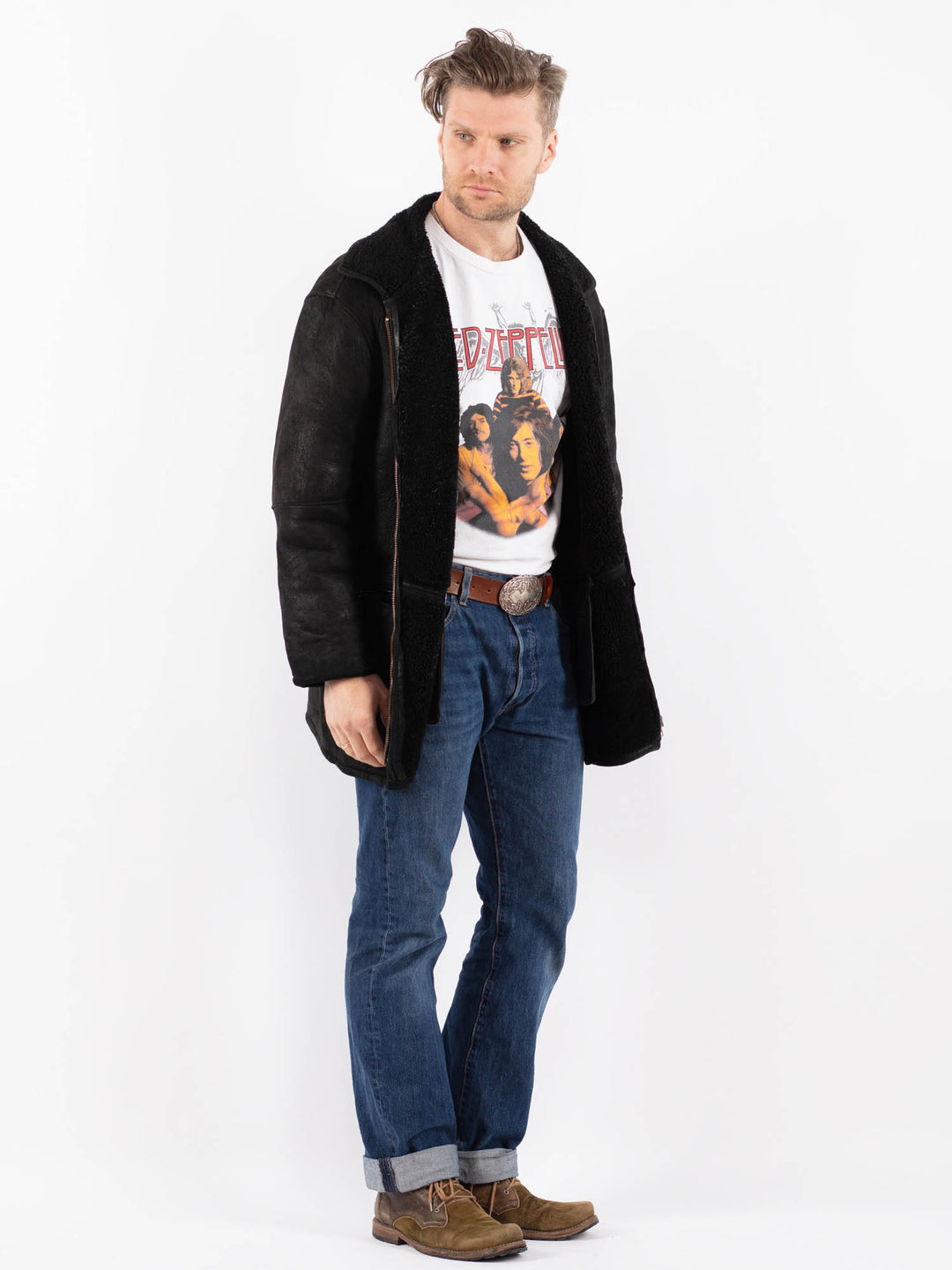 Vintage 90's Men Sheepskin Coat in BlackZ1515