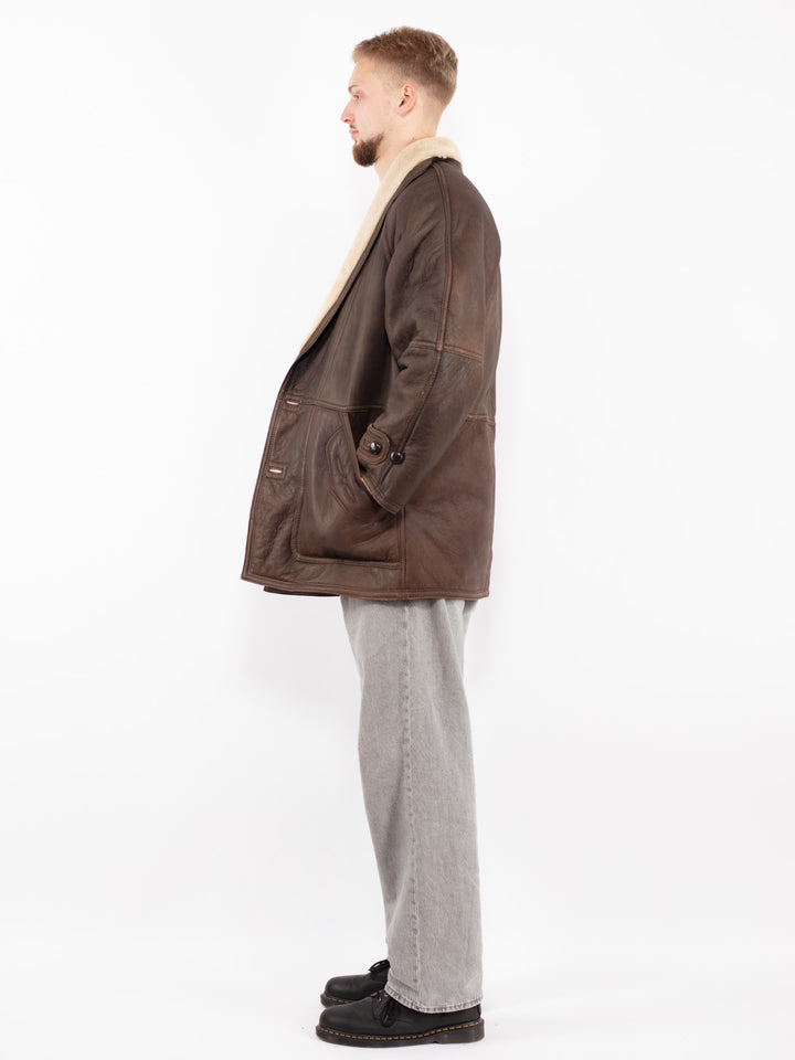 Vintage 90's Men Sheepskin Shearling Coat in Brown