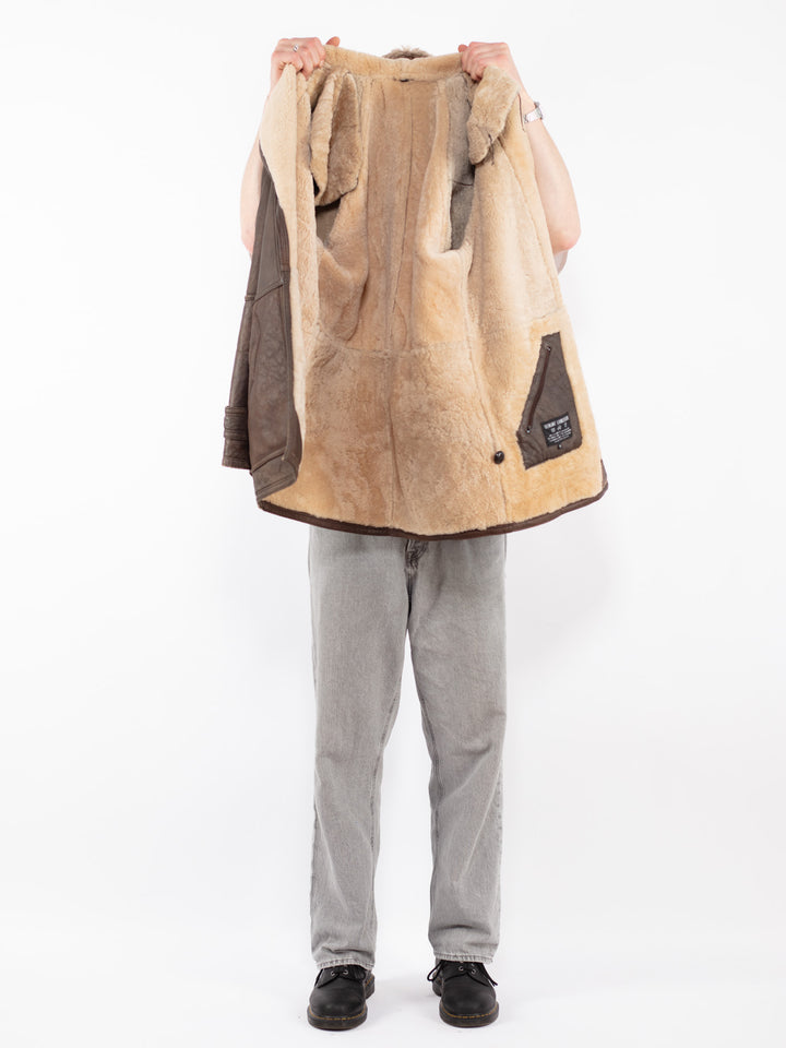 Vintage 90's Men Sheepskin Shearling Coat in Brown
