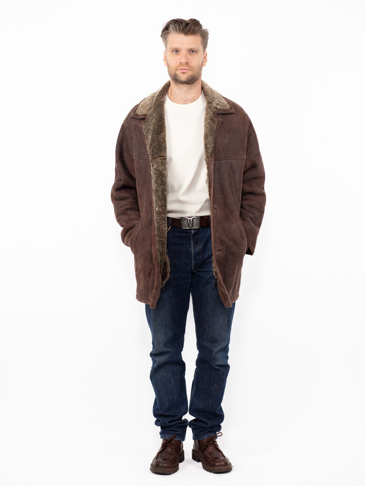 Vintage 90's Men Sheepskin Shearling Coat in Brown