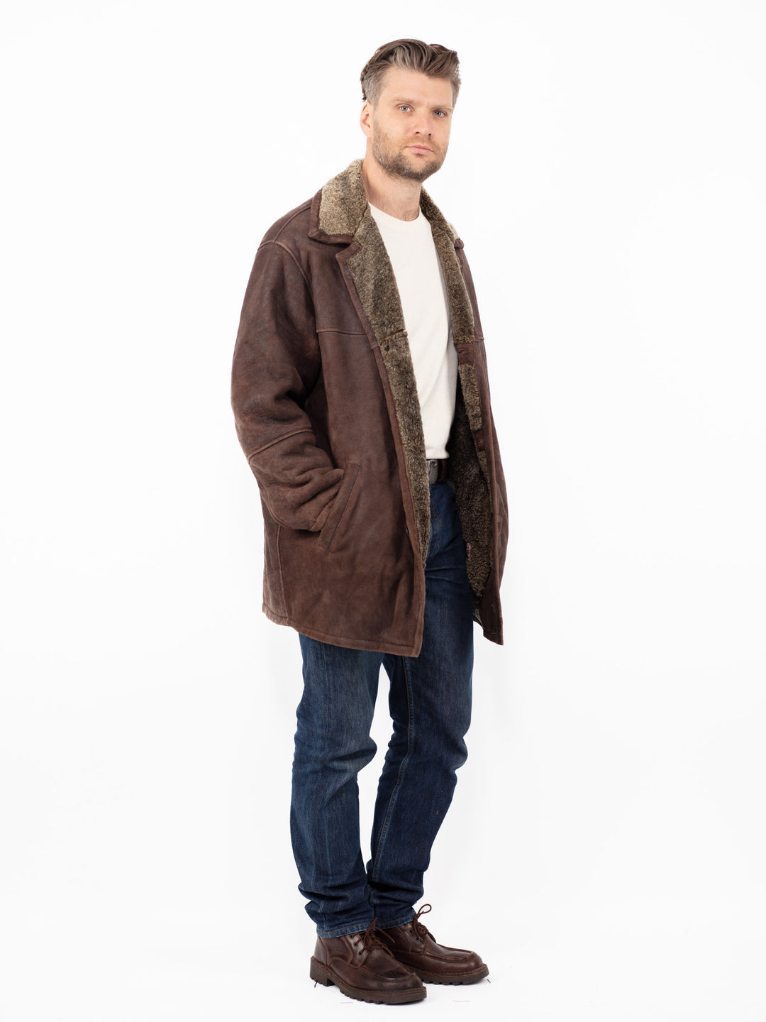 Vintage 90's Men Sheepskin Shearling Coat in Brown